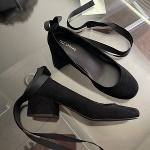 Call It Spring black short heeled shoes with ties in back